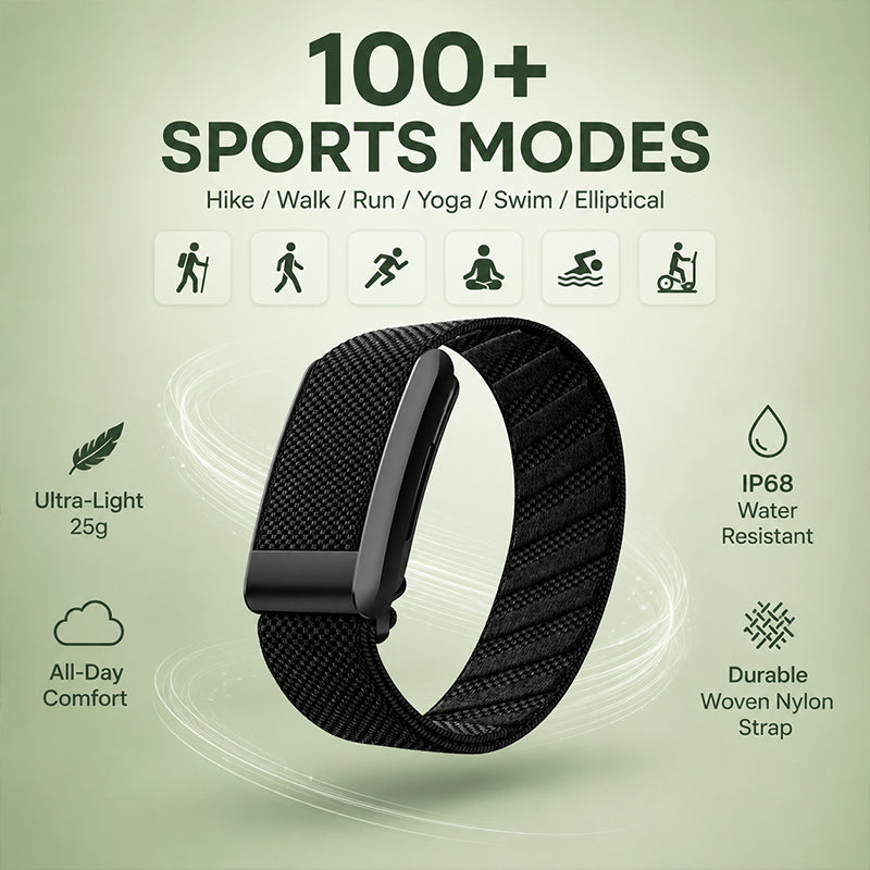 ULMIED K82 black screenless fitness band shown with an infographic about activity modes, nylon strap and daily wear.