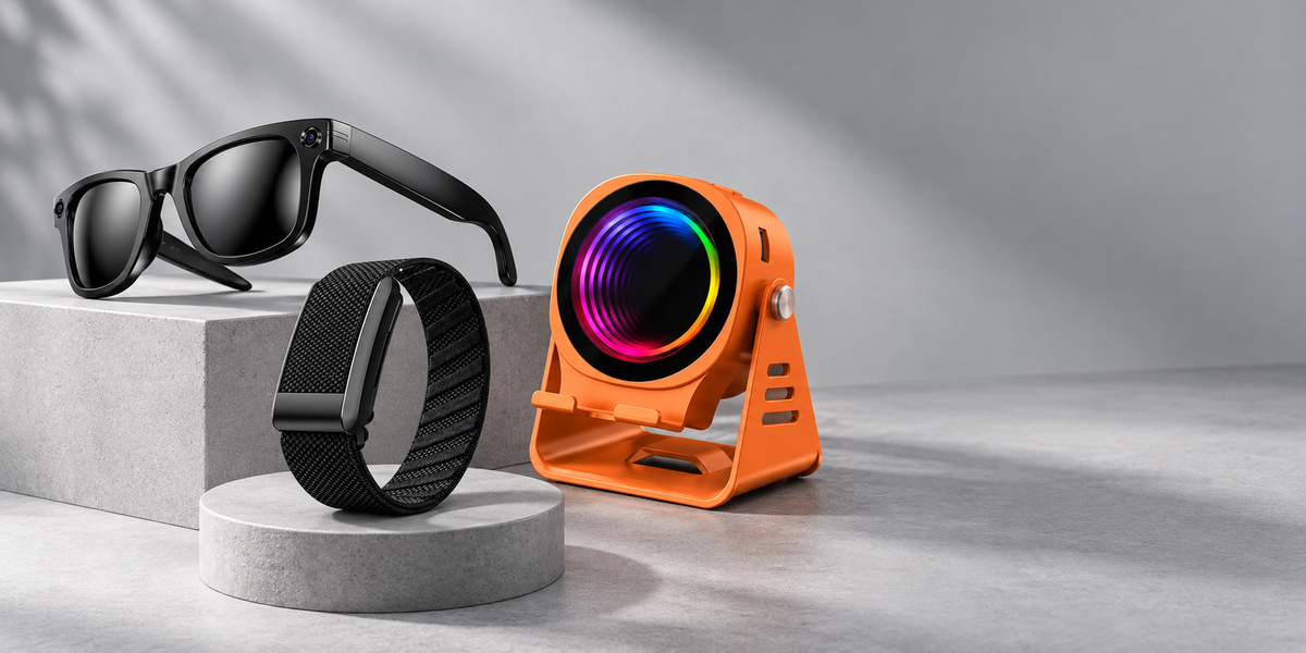ULMIED smart glasses, screenless fitness band, and orange G500 speaker arranged together in a bright studio.