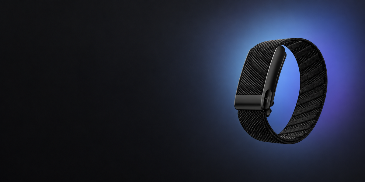 ULMIED K82 black screenless fitness band with a woven strap, shown against a blue and purple studio background.