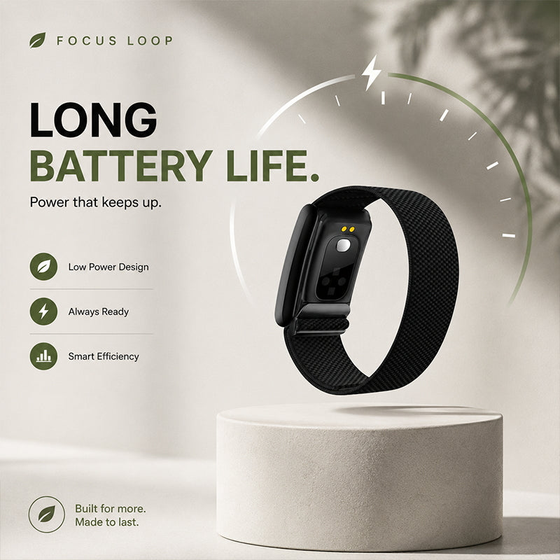 ULMIED K82 screenless fitness band displayed with a low power design and battery efficiency infographic.