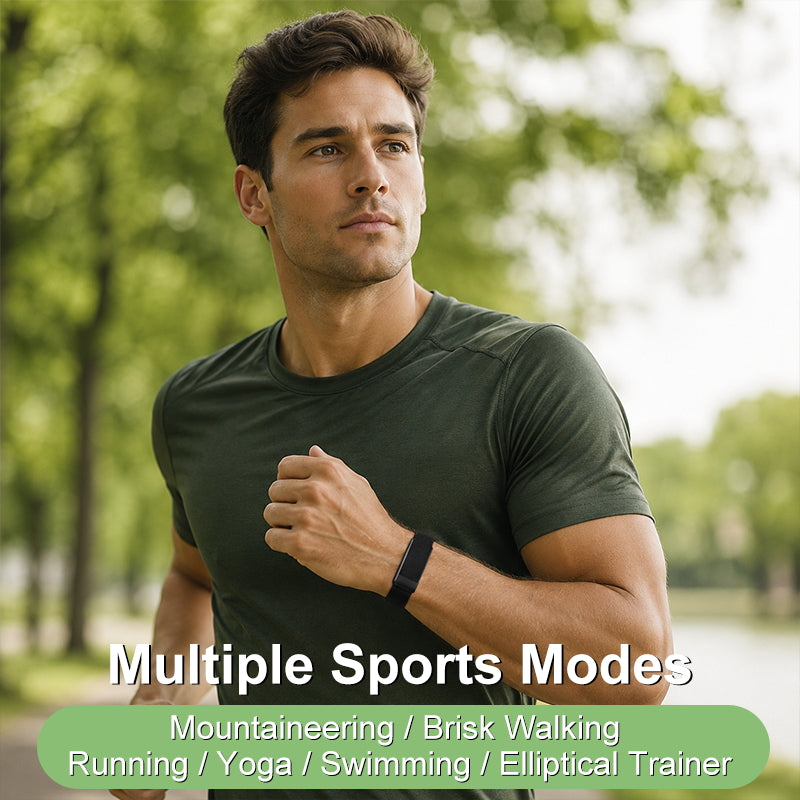 Man wearing a ULMIED K82 screenless fitness band outdoors with activity modes shown.