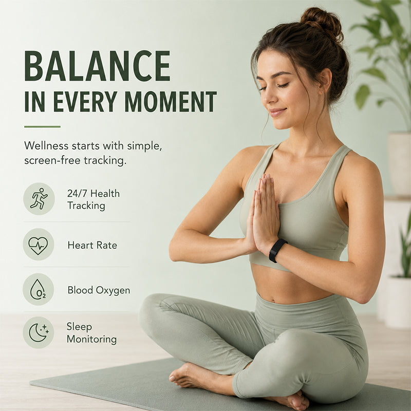 Woman wearing a ULMIED K82 screenless fitness band during a wellness routine, with activity and sleep tracking features shown.