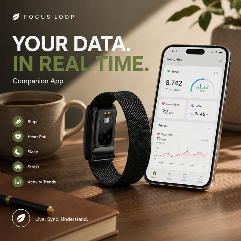 ULMIED K82 screenless fitness band beside the QWatch Pro companion app showing activity, heart rate and sleep trends.