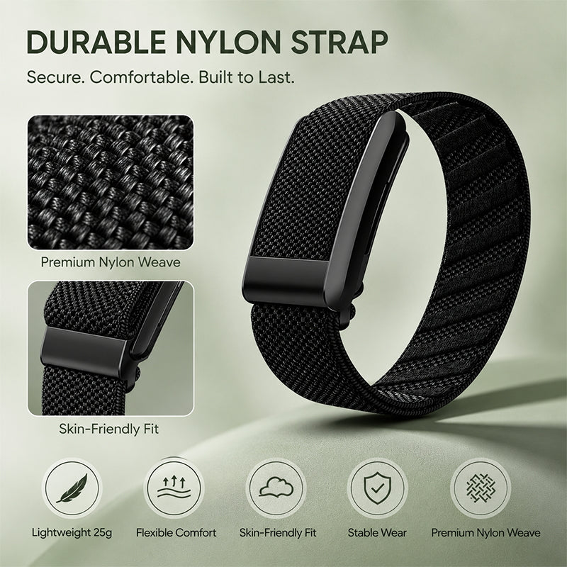 ULMIED K82 screenless fitness band with a black woven nylon strap, showing material and fit details.