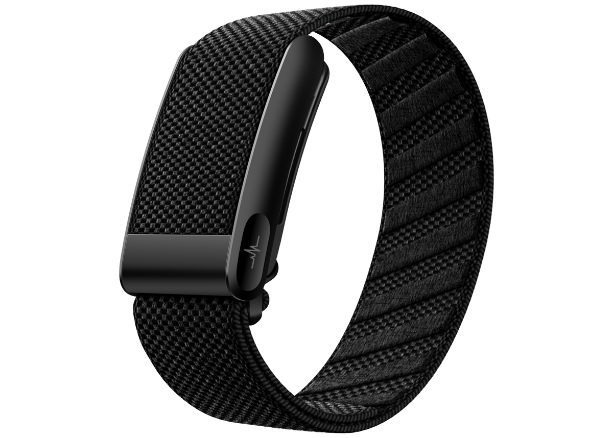 ULMIED K82 black screenless fitness band with a textured woven strap, angled view on a transparent background.