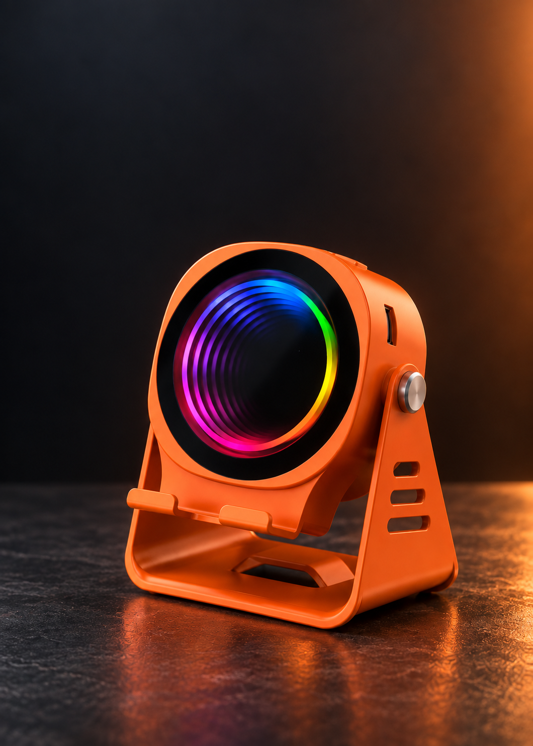 Orange ULMIED G500 Bluetooth speaker with an adjustable phone stand, shown vertically against a dark studio background.