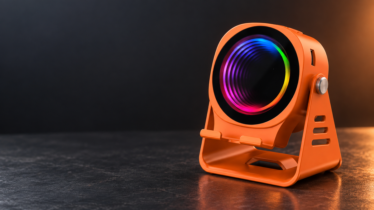 Orange ULMIED G500 Bluetooth speaker with an adjustable phone stand, featured in a wide dark studio scene.