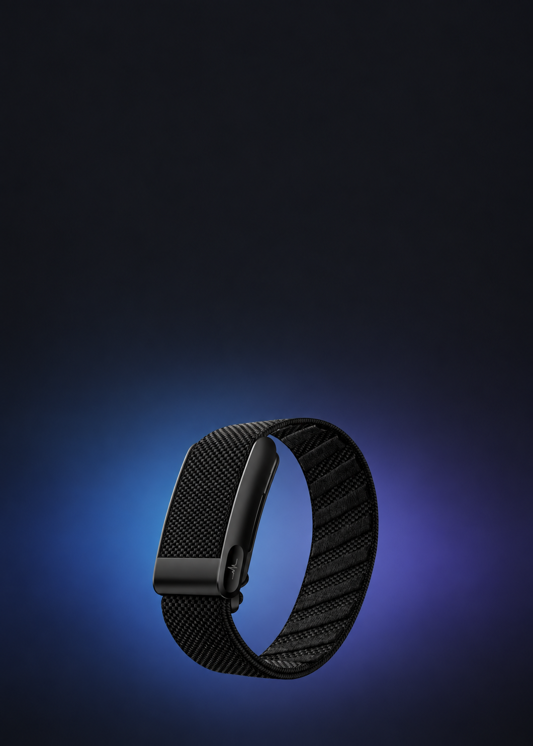 ULMIED K82 screenless fitness band with a black woven strap, shown vertically against a blue and purple background.